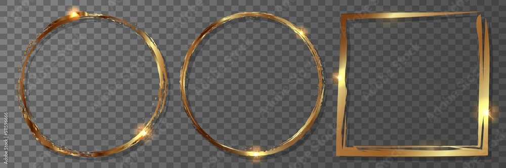 Poster collection of golden shiny frames. round and square golden frame on a transparent background.