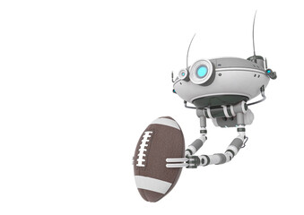 floating robot is holding an american football ball in white background side view with copy space