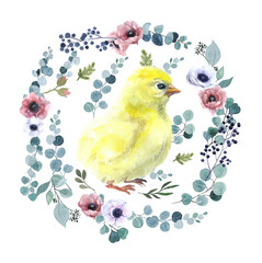 Watercolor chickens with flowers. meat brown livestock. child orange element. chickens painting. chicken farm object. easter egg drawn invitation. baby holiday yellow chicken.