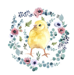 Watercolor chickens with flowers. meat brown livestock. child orange element. chickens painting. chicken farm object. easter egg drawn invitation. baby holiday yellow chicken.