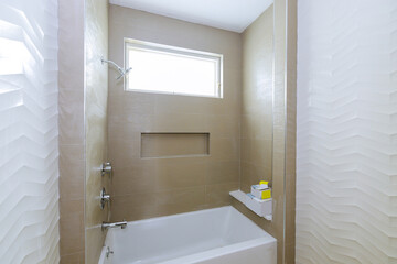 Contemporary master bathroom during renovation shower, ceramic floor