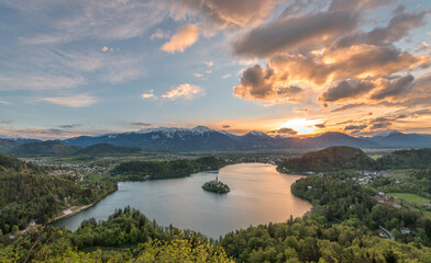 Sunrise at lake Bled from Osojnica viewpoint