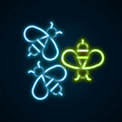 Glowing neon line Bees icon isolated on black background. Sweet natural food. Honeybee or apis with wings symbol. Flying insect. Colorful outline concept. Vector