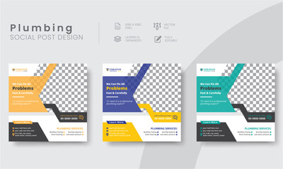 Professional plumber social media post layout templates for business marketing. Modern commercial plumbing social media post design for online advertising.