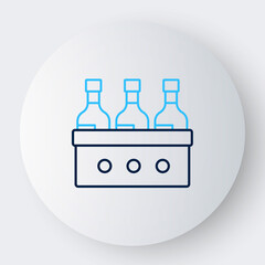 Line Bottles of wine in a wooden box icon isolated on white background. Wine bottles in a wooden crate icon. Colorful outline concept. Vector