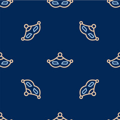 Line Carnival mask icon isolated seamless pattern on blue background. Masquerade party mask. Vector