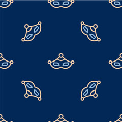 Line Carnival mask icon isolated seamless pattern on blue background. Masquerade party mask. Vector