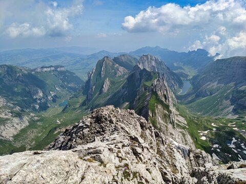 Wonderful mountain panorama on the Altmann Alpstein. View of the Seealpsee and F&auml;hlensee and Santis. Swiss Apls. Hiking. High quality photo