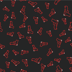 Line Pistol or gun icon isolated seamless pattern on black background. Police or military handgun. Small firearm. Vector