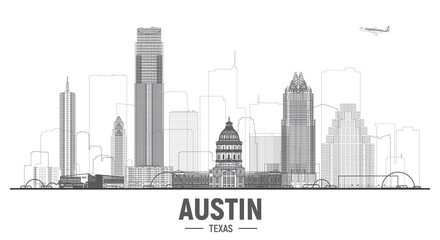 Obraz premium Austin Texas skyline silhouette vector illustration. Background with city panorama. Business travel and tourism concept with modern buildings. Image for presentation, banner, web site.