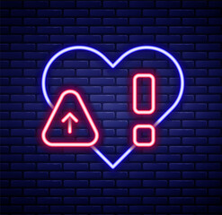Glowing neon line Heart rate icon isolated on brick wall background. Heartbeat sign. Heart pulse icon. Cardiogram icon. Colorful outline concept. Vector