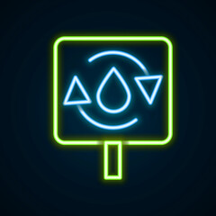 Glowing neon line Recycle clean aqua icon isolated on black background. Drop of water with sign recycling. Colorful outline concept. Vector