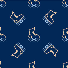 Line Roller skate icon isolated seamless pattern on blue background. Vector