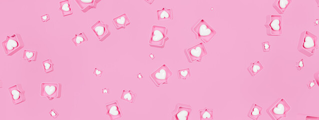 Pink Like heart icon on pink background. Like symbol with white hearts.  3d render
