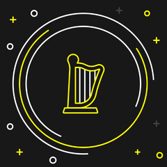 Line Harp icon isolated on black background. Classical music instrument, orhestra string acoustic element. Colorful outline concept. Vector