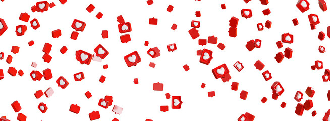 Social media notification like icon falling . Follow, comment,i solated like icons background. 3D illustration.