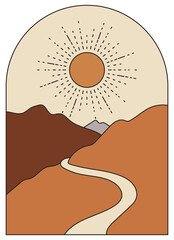 Abstract boho landscape with sun and mountains. Contemporary vector illustration in pastel colors. Flat abstract design. Bohemian art