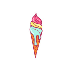 Ice cream cone. Sweet yummy Ice cream in a waffle cone. Hand drawn melting Ice cream on white background. Flat style, line art design for card, poster. Children's drawing.