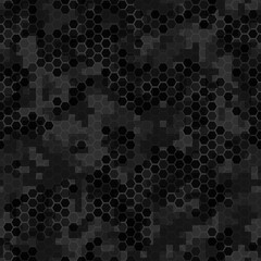 Seamless texture dark gray hex grid with pixels. Vector Illustration.