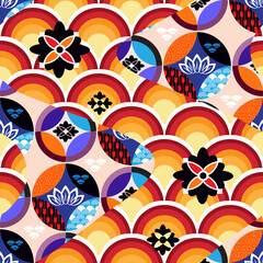 Beautiful japanese seamless pattern with clouds, waves plum, fan, sakura flower Vector template kimono asian texture. For printing on packaging, textiles, paper,fabric, manufacturing, wallpaper