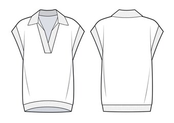 Unisex Polo Sweater Vest fashion flat technical drawing template. Oversize knitted T-Shirt template, front, back view, white color.