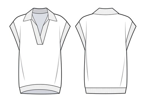 Unisex Polo Sweater Vest fashion flat technical drawing template. Oversize knitted T-Shirt template, front, back view, white color.
