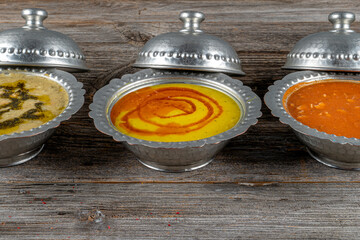 Soup set. Meat soup, lentil soup, chicken soup. Meals, food. top view.