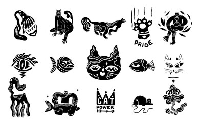 Hand drawn sticker with cat power.Pride vector isolated eyes flat style.Black silhouette flower and paw.Kitty eye. flat design abstract.doodle.Paw and mouse.claw  