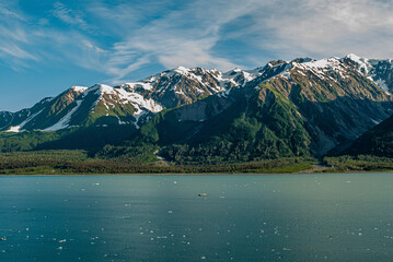 Disenchantment Bay, Alaska, USA - July 21, 2011: Landscape, green forested mountain range with snow patches under blue cloudscape at entrance. Blue water with floating ice pieces.