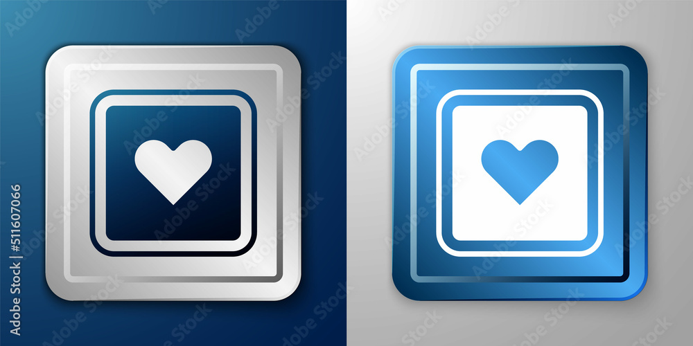 Poster white like heart icon isolated on blue and grey background. counter notification icon. follower inst