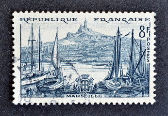 Cancelled postage stamp printed by Marseille, that shows Marseille, circa 1955.