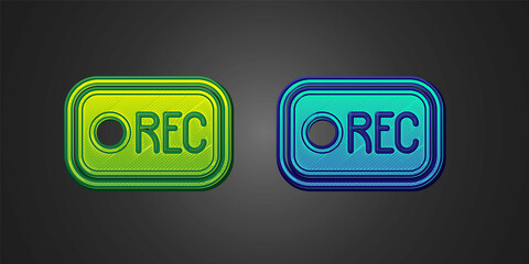 Green and blue Record button icon isolated on black background. Rec button. Vector