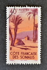 Cancelled postage stamp printed by  French Somaliland (Somali Coast), that shows Danakil tent,...