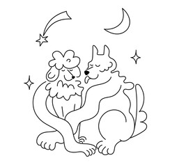 Line art animal. Dog love under the star night sky. moon vector outline. friend hug. kissing couple valentine.Pet 