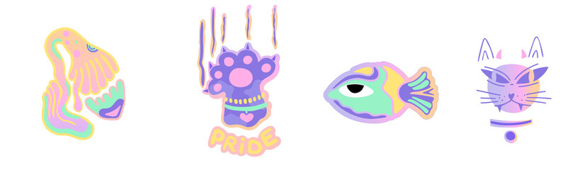 Hand drawn sticker with cat  paw power.Pride vector isolated eyes flat style.Fish and flower gradient design element
