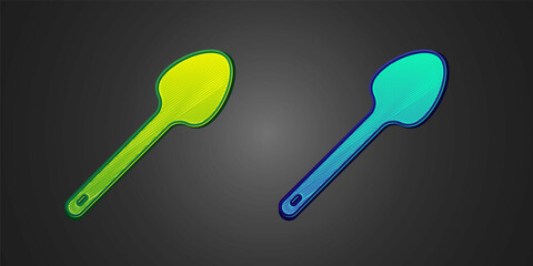 Green and blue Teaspoon icon isolated on black background. Cooking utensil. Cutlery sign. Vector