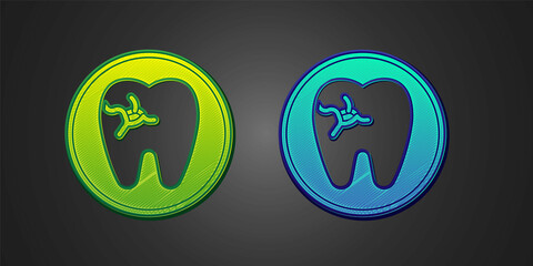 Green and blue Tooth with caries icon isolated on black background. Tooth decay. Vector