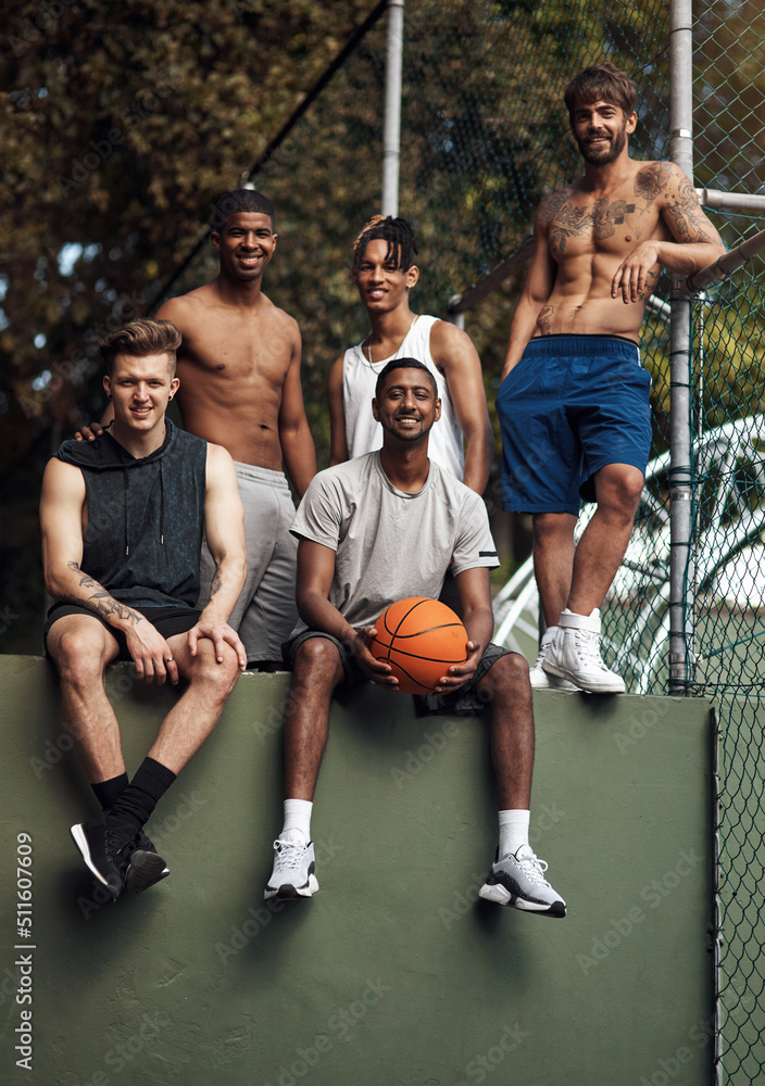 Sticker Life is simple - play basketball and be happy. Portrait of a group of sporty young men hanging out on a basketball court.