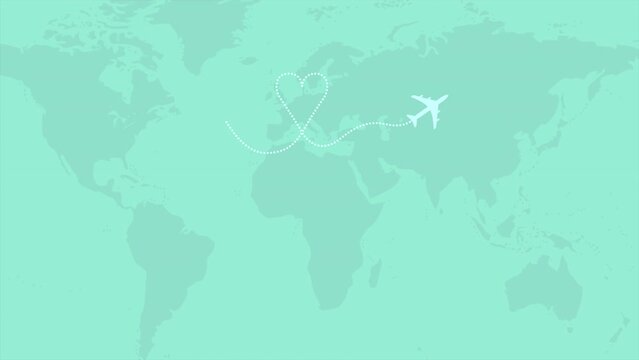 Fly airplane and world map, motion holidays, romantic and travel style background