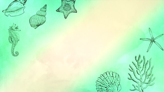 Random sea animals on beach, motion holidays, romantic and wedding style background