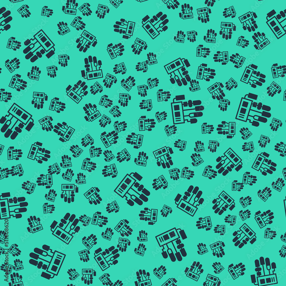 Poster black mechanical robot hand icon isolated seamless pattern on green background. robotic arm symbol. 