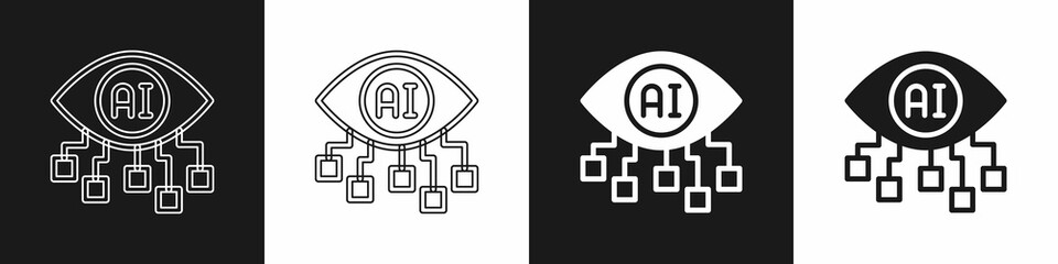Set Computer vision icon isolated on black and white background. Technical vision, eye circuit, video surveillance system, augmented reality systems. Vector