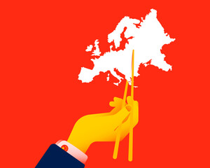 Chinese hand holds the outline of Europe with Chinese chopsticks. The concept of Europe and China relations. China's power over Europe. Diplomatic conflict. Vector illustration