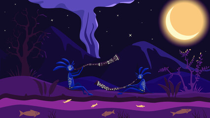 A Night Landscape With Mountains And A River, On The Shore Two Creatures Play The Didgeridoo Under The Moonlight