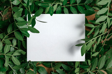 Paper Card Mockup on a Green Leaves for design of invitation, advertising card.