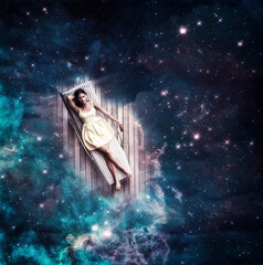 Dreaming through the universe. Illustration of a young woman sleeping on a deck chair floating...