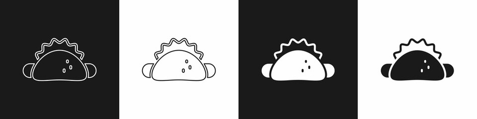 Set Taco with tortilla icon isolated on black and white background. Traditional mexican fast food menu. Vector