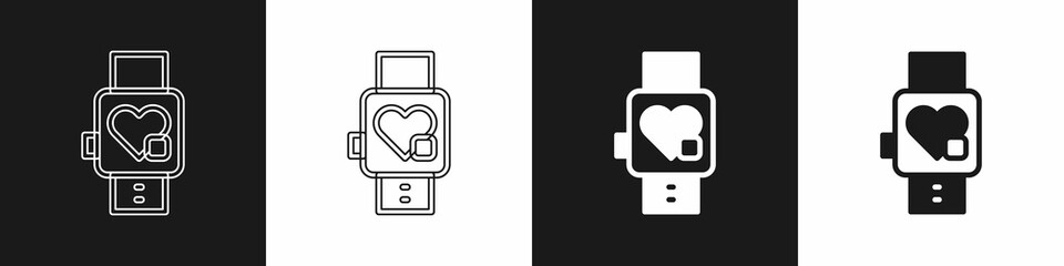 Set Smart watch showing heart beat rate icon isolated on black and white background. Fitness App concept. Vector