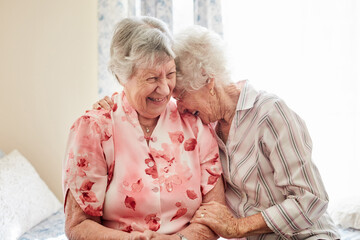 Nothing inspires happiness like a good old friend. Shot of two happy elderly women embracing each...