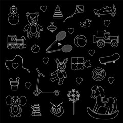 A set of toys for children. Elements for kindergarten, school in doodle style.Vector illustration